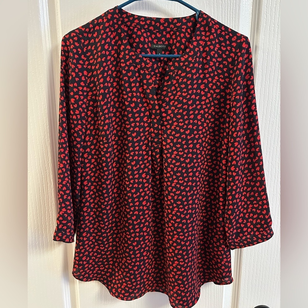 Talbots Navy and Red Heart Blouse